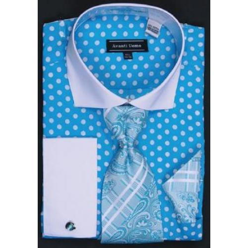 Avanti Uomo Turquoise / White Polka Dot Design 100% Cotton Shirt / Tie / Hanky Set With Free Cufflinks DN47M